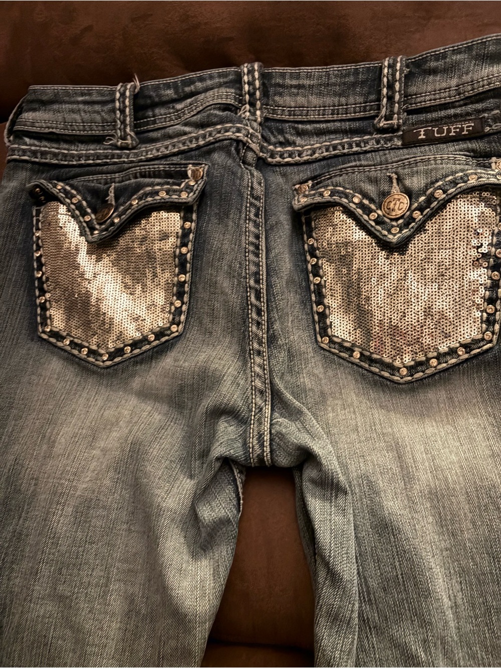 Cowgirl Tuff Silver-Sequin Back Pocket Distressed Blue Jeans